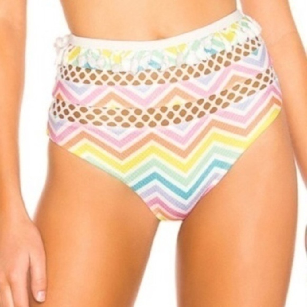 Tularosa Elias Tassel Bikini Bottom in Rainbow Chevron Moderate Coverage Size L